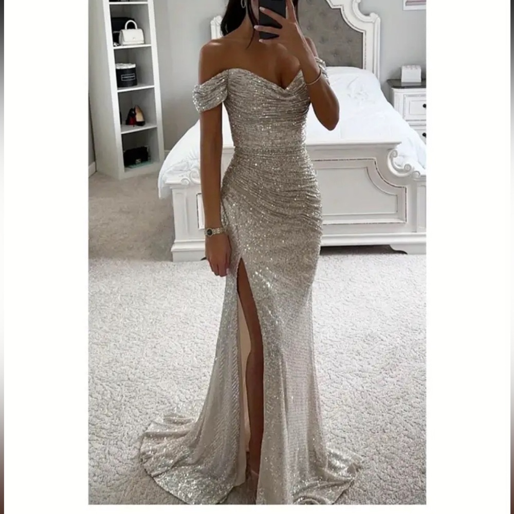 Sparkling Off-Shoulder Silver Prom Gown with Thigh Slit